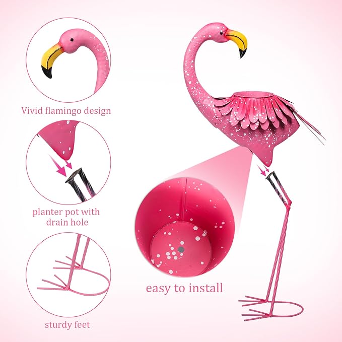 Set of 2 Flamingo Planters, Pink Metal Standing Flamingo Flower Pots with Drain Hole, Indoor Outdoor Decorative Planters for Lawn Garden Patio Yard