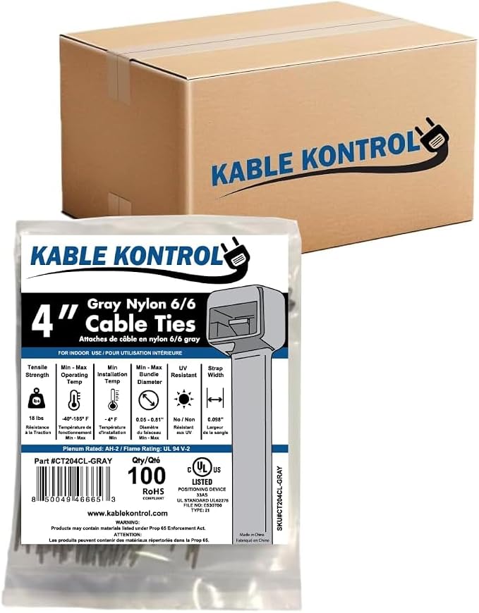 Kable Kontrol Gray Zip Ties 4 Inch 40,000 Pcs, 18 Lbs Tensile Strength, Bulk Pack, Self-locking Nylon Colored Cable Ties Wire Wraps for Indoor or Outdoor Use