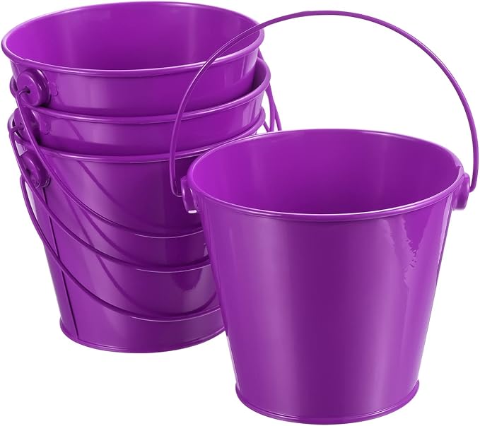 PATIKIL 4.7 Inch Colored Metal Buckets, 4 Pack Pencil Holder Buckets Round Metal Planter Pails Container with Handles for Classroom Crafts, Purple