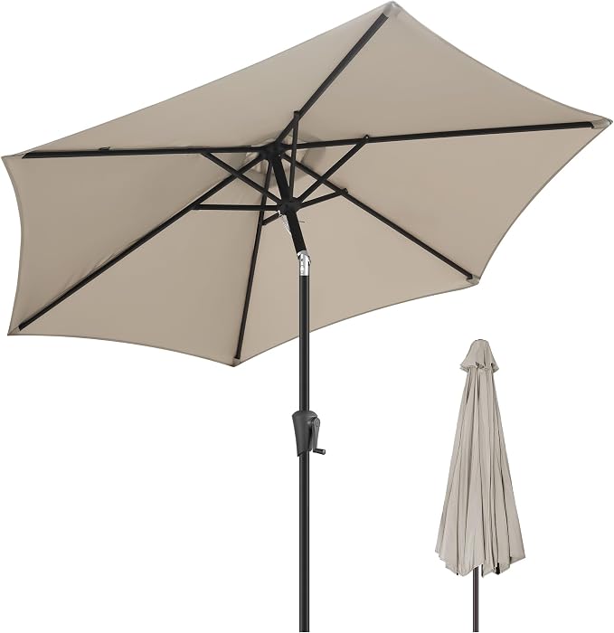 FLAME&SHADE 9ft Patio Umbrella Outdoor - Table Umbrella with Push Button Tilt and Crank, UV Protection, 6 Sturdy Ribs, Market Umbrella for Garden, Deck, Backyard, Lawn, Pool and Beach(Taupe)
