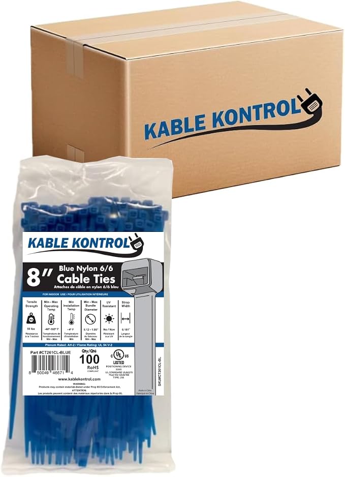 Kable Kontrol Blue Zip Ties 8 Inch 10,000 Pcs, 50 Lbs Tensile Strength, Bulk Pack, Self-locking Nylon Colored Cable Ties Wire Wraps for Indoor or Outdoor Use