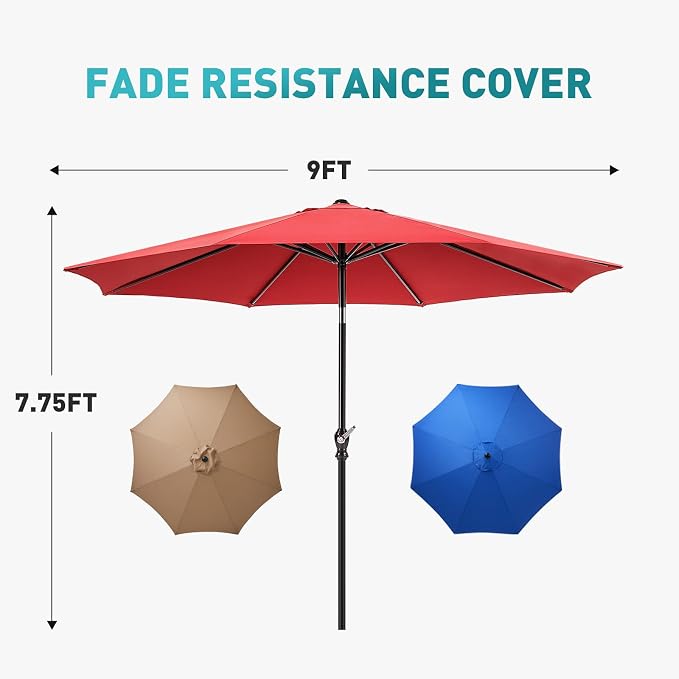 OLIXIS 9FT Patio Umbrella Outdoor, Patio Table Umbrella 9 Feet Sun Shade for Pool, Beach, Outside Umbrellas with Tilt and Crank Button & Sturdy Ribs Waterproof for Deck, Terrace and Restaurant