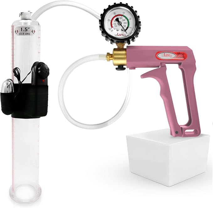 LeLuv Vibrating Penis Pump Maxi - Pink Nylon Handle + Protected Gauge - Bundle with Clear Hose - 12 inch Length x 1.50 inch Diameter Cylinder