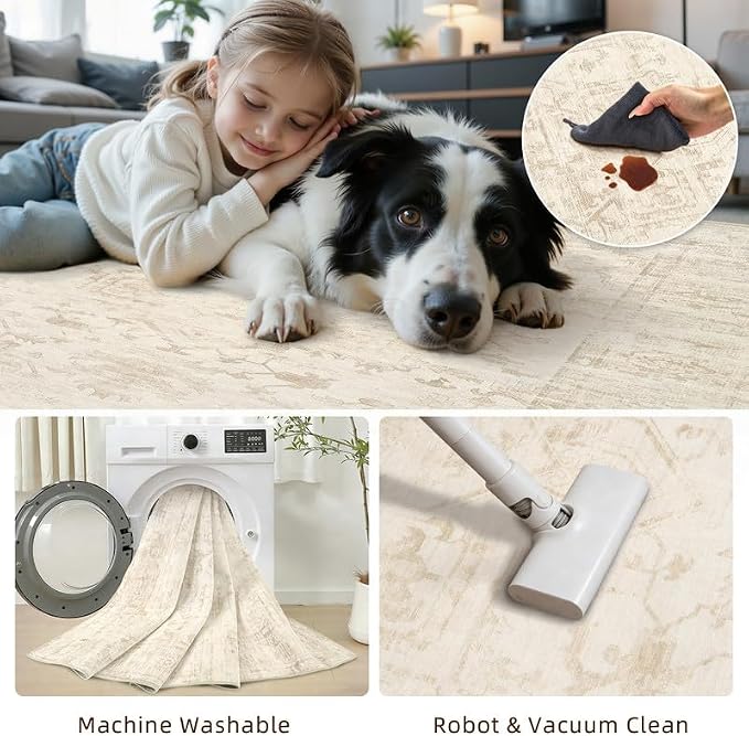 Washable Area Rugs 2x3: Living Room Bedroom Carpet Beige/Brown | Vintage Boho Indoor Decor Soft Small Entryway Throw Neutral Kitchen Bathroom Laundry Floor Non-Slip Low Pile Entrance Rug