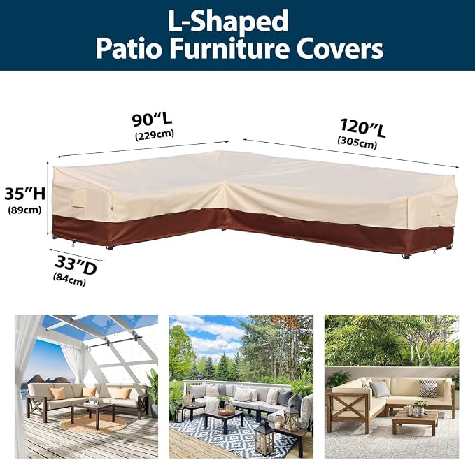 Outdoor Sectional Cover Patio Furniture Covers Waterproof Rip-Stop Anti-UV 600D Heavy Duty Couch Sofa Cover with 3 Air Vent (Beige & Reddish Brown, L-shaped 90"x120")
