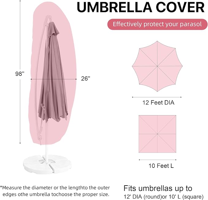 Patio Umbrella Cover, Waterproof Outdoor Umbrella Cover, PU-Coated Polyester Parasol Umbrella Cover with Zipper, Adjustable Strap and a Support Pole, UPF 50+ Windproof Design