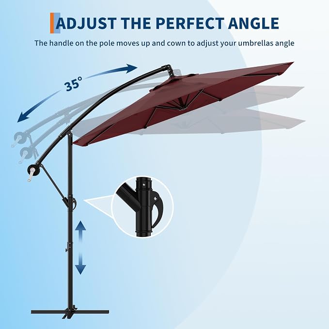 Garvee 10FT Offset Patio Umbrella with Cross Base, Cantilever Umbrella with Easy Lift & Tilt Adjustment, 8 Ribs Sun umbrella UV Protection for Backyard, Pool, Garden, Burgundy