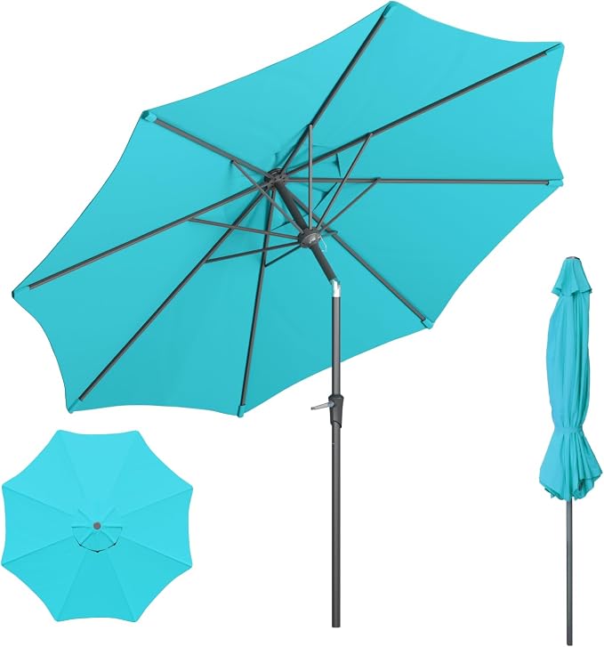 Outdoor Patio Umbrella with One Push Button Tilt and Crank, 8 Sturdy Ribs Market Table Umbrella