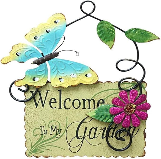 Linfevisi Metal Garden Welcome Sign Decor Rustic Hanging Plaque Decorative Garden Hanging Sign Welcome to My Garden Door Sign with Butterfly Daisy Outdoor Front Porch Yard 10 Inch (Green)