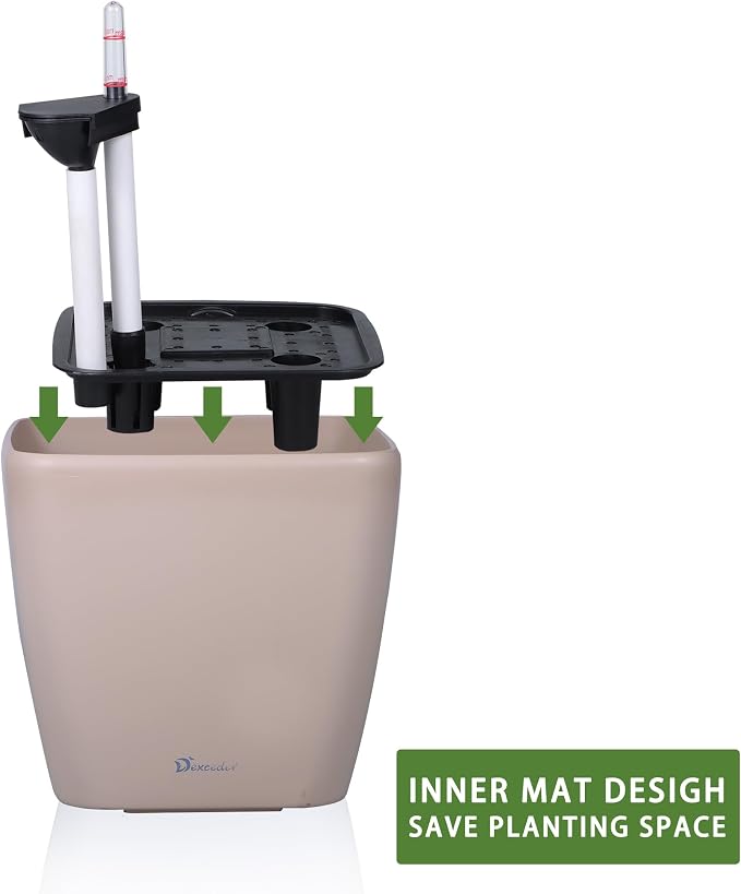 Dexceder 13x12 Self Watering Planter with Wheels (Taupe Matte) | Inner Mat Design, Thickened Large Floor Standing Flower Plant Pot with Water Level Indicator Indoor Outdoor