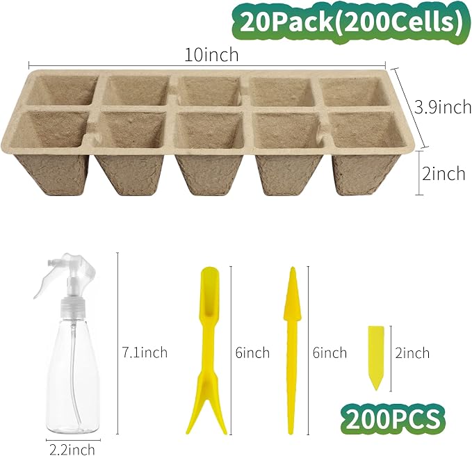 200Cells Seedling Start Trays with Drain Holes,20pcs Peat Pots Seedling Pots Biodegradable,Seedling Starter Kit,Organic Germination Plant Starter Trays(200xLabels,2xTransplant Tools,1xSpray Bottle)