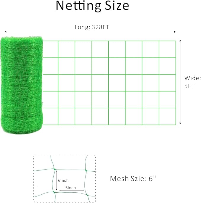Toolazy Trellis Netting 59" x328' Green - Heavy Duty 6" Mesh Plant Support Net for Climbing Vegetables, Garden Trellis Roll for Tomato Cucumber Pea Bean Vine Grow Tent Scrog Hydroponic