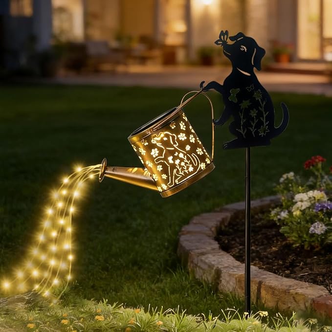 Outdoor Dog Statue Solar Watering Can with Lights, Complete with Netal Dog Silhouette Garden Stake. Ldeal for Garden, Lawn and Courtyard Decoration, A Unique Gift for Mothers and Women.