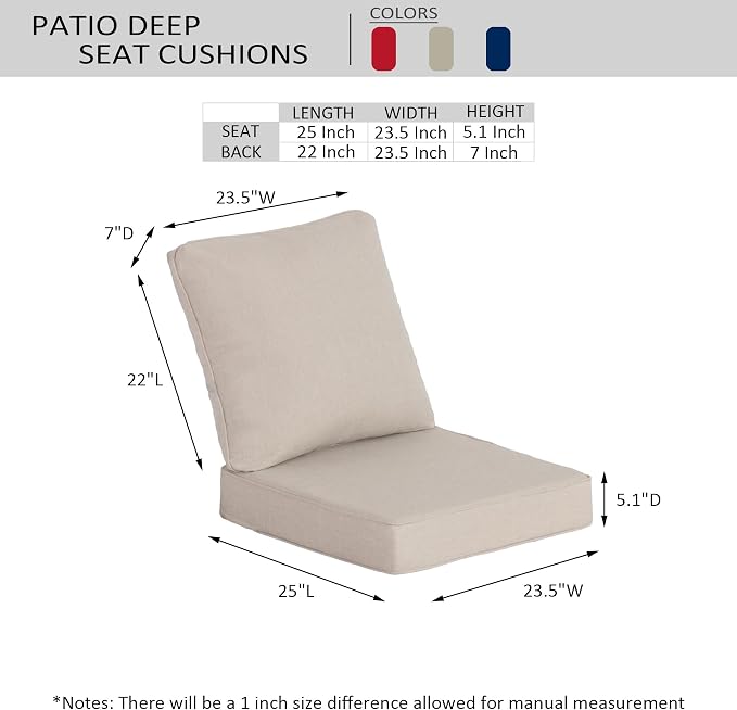 23.5"x25" Outdoor Deep Seat Patio Cushions Set of 2, Deep Seat Bottom Resilient Foam Filling Water-Resistant Stain-Resistant UV Resistant Weather Resistant with YKK Zippers,Putty