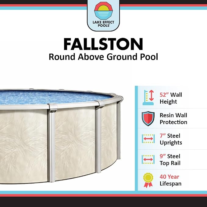 Lake Effect Pools 'Fallston' 24 ft Round Above Ground Swimming Pool | 52 Inch Steel Side Walls | Kit Includes: 25 Gauge Overlap Liner & Widemouth Skimmer