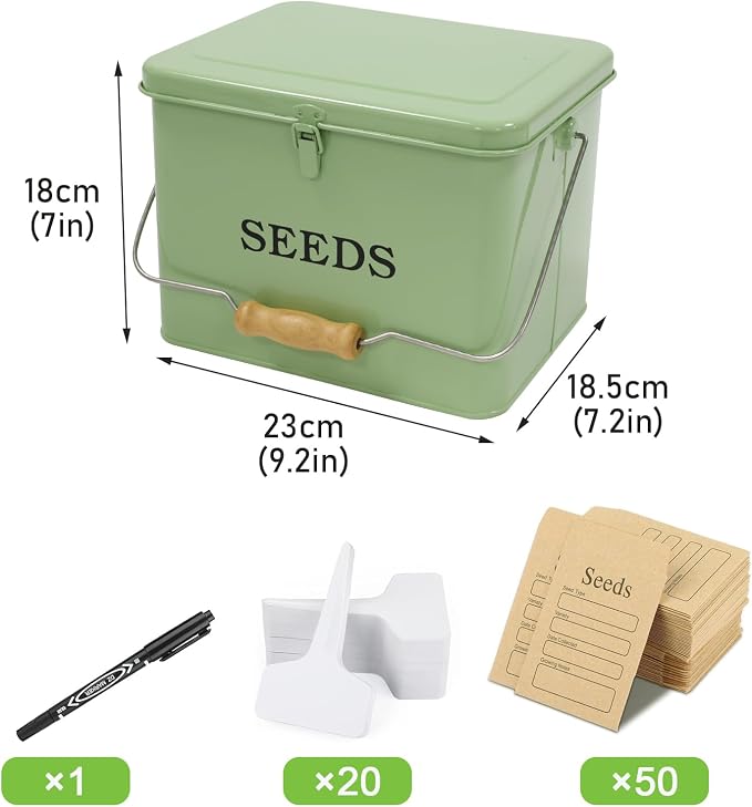 Seed Storage, Metal Seed Box with Safety Lock & Handle, 3 Dividers Seed Organizer Seed Container Storage, Professional All-in-one Kit with 1 Pen, 20 Plant Labels and 50 Seed Envelopes, Green