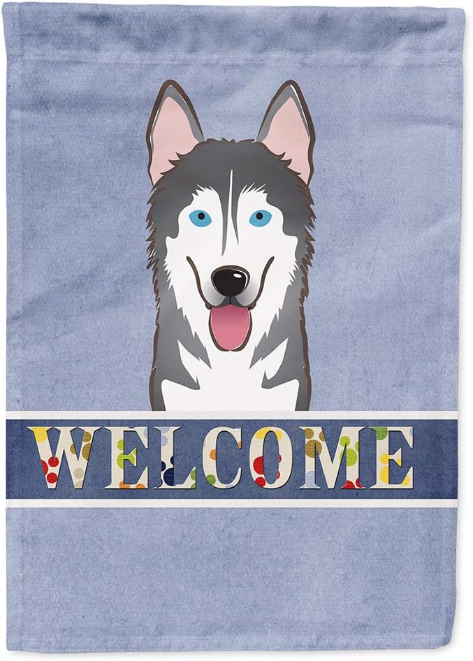 Caroline's Treasures BB1404CHF Alaskan Malamute Welcome House Flag, Blue Large Porch Sleeve Pole Decorative Outside Yard Banner Artwork Wall Hanging, Polyester, House Size, Multicolor