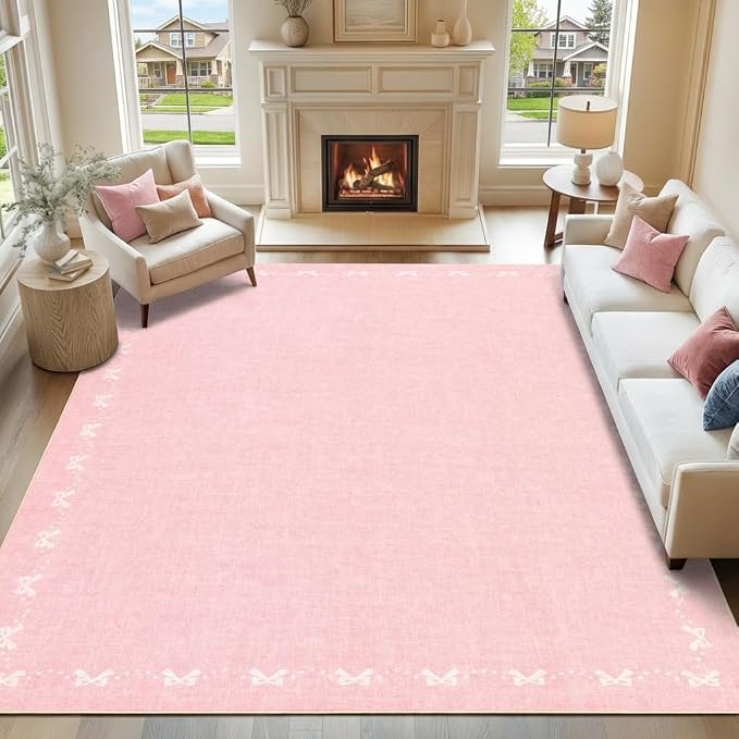 COZYLOOM 8x10 Bow Printed Rug for Bedroom, Large Solid Color Living Room Rug with Non Slip Backing, Stain Resistant Non Shedding Rugs Low Pile Modern Farmhouse Carpet for Bedroom, Dining Room, Pink
