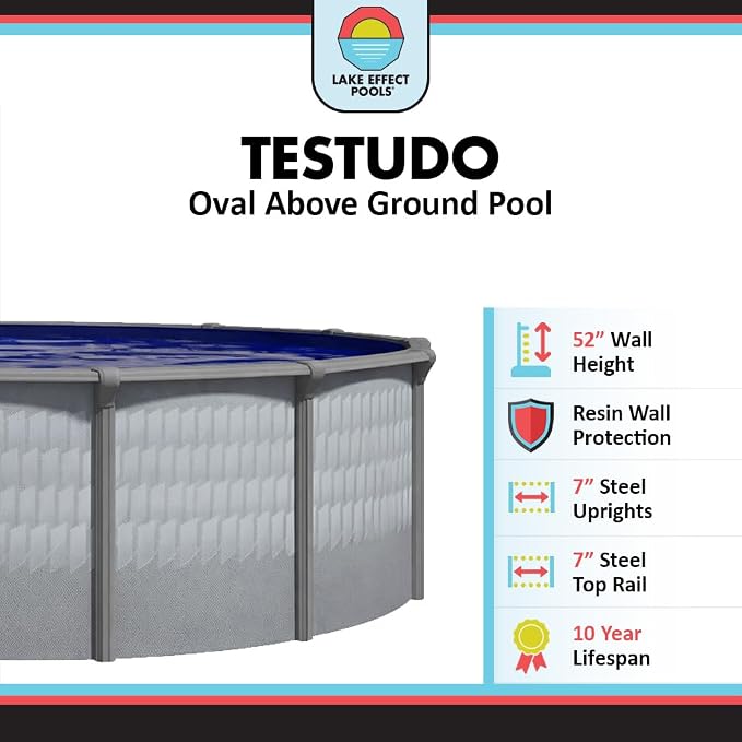 Lake Effect Pools 'Testudo' 18 ft x 33 ft Oval Above Ground Swimming Pool | 52 Inch Resin Protected Steel Sided Walls | Bundle Includes: 25 Gauge Overlap Liner & Widemouth Skimmer