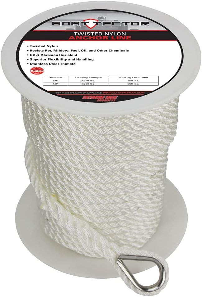 Extreme Max 3006.2294 BoatTector Twisted Nylon Anchor Line with Thimble - 3/8" x 150', White