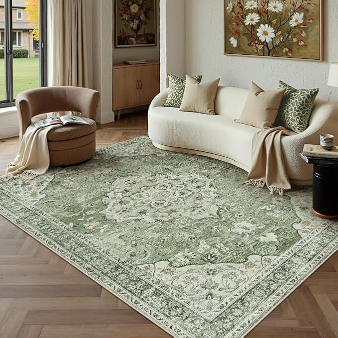 Sage Green Area Rug 5x7 Living Room Vintage Floral Non-Slip Carpet | Machine Washable, Soft, Low Pile, Distressed, Large for Bedroom, Dining Room, Office, Retro Farmhouse Decor