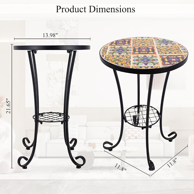 Mosaic Outdoor Side Table Small Round Patio Table Plant Stand | 21" Accent End Table with 14" Ceramic Tile Top for Small Spaces Porch Pool Garden Decor Indoor Living Room Bedroom Balcony