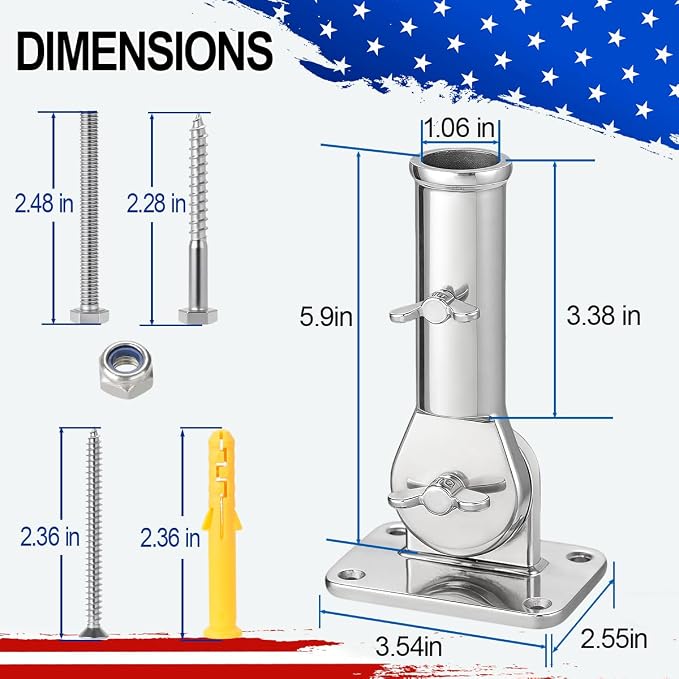 180° Adjustable Flag Pole Holder 316 Stainless Steel Marine Grade Heavy Duty Flag Pole Mount FlagPole Bracket for Outside House, Garden, Boat, Truck(Mounting Hardware Included)Fits 1" Flag Pole