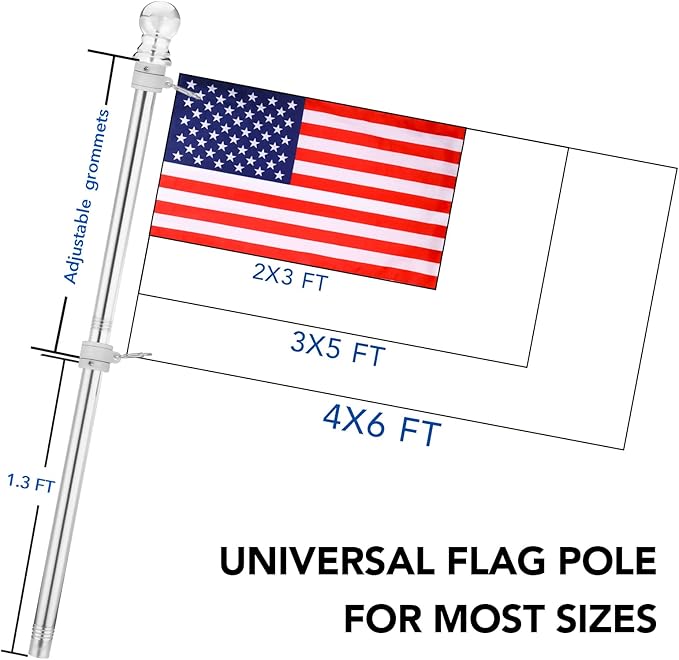 Yeesun Flag Pole for House with 3x5 American Flag, 6 FT Wall Mount Flag pole with Bracket for Home Porch,Outdoor deco.Residential or Commerical Tangle Free Flag Pole Kit (Silver)