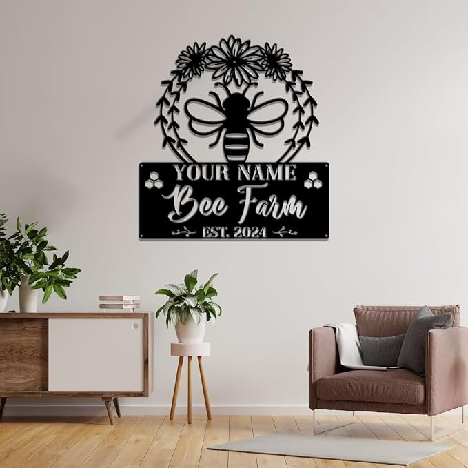MeMate Bee Farm Flowers Sign, Custom Name Sign Metal for Bee Lovers, Garden Sign to Personalize, Bee Garden Art Decorations, Personalized Bee Sign, 8-24 inches Large Metal Sign, Gift for Beekeeper