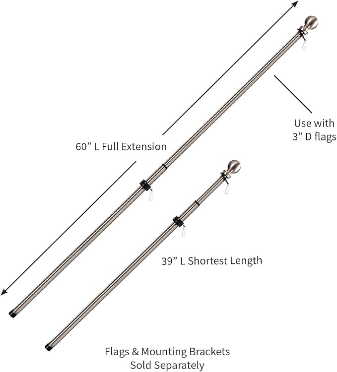 Evergreen Flag Telescoping 5ft Metal Flag Pole | Incl Two Tangle-Free Ring Clips | Stainless Steel | Wall Mounted for Home Garden Outdoor | House and 3'x5' American Flags with Pole Sleeve or Grommets