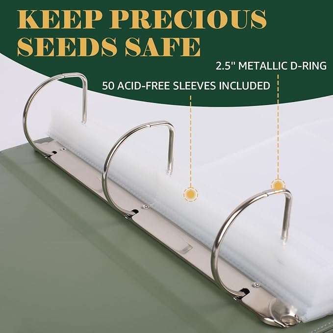 Seed Storage Organizer, Binder with 50 Pack Sheet Protectors that stores 200 Seed Envelopes, PU Leather Cover, 2.5" D-Ring Binder, Gift For Garden Lover