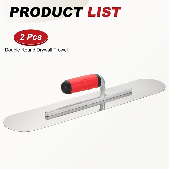 HARFINGTON 2 PCS Double Round Drywall Trowel 20" x 4", 402 Stainless Steel Concrete Finishing Trowel Art Paint Plastering Hand Tools with TPE Grip, for Concrete Cement, Silver
