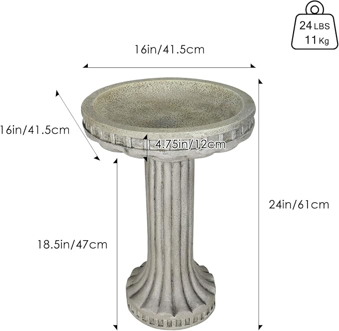 SKYFIRE 24" H Outdoor Bird Bath for Garden- Fibre Reinforced Concrete Large Bird Bath Outdoor Decor with Modern Pedestal for Garden, Patio, Yard, Lawn - 16”Dia. X 24”H Contemporary Birdbaths&Supports