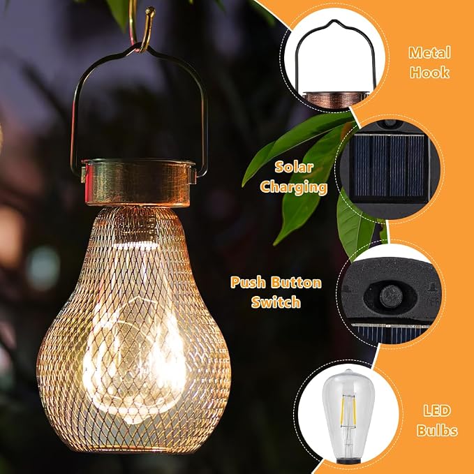 Solar Lanterns Outdoor Hanging Lights for Porch Waterproof,2 Pack Solar Lights Led Powered Lanterns Decorative for Outside Yard Garden Patio Pathway Decor