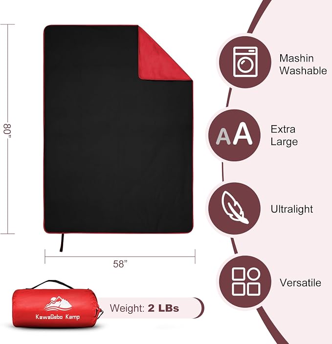 Large Waterproof Outdoor Picnic Blanket 80"x 58" | Windproof Lightweight Stadium Blanket, Packable, Stay Dry and Comfortable for Camping, Sports, Travel - Red