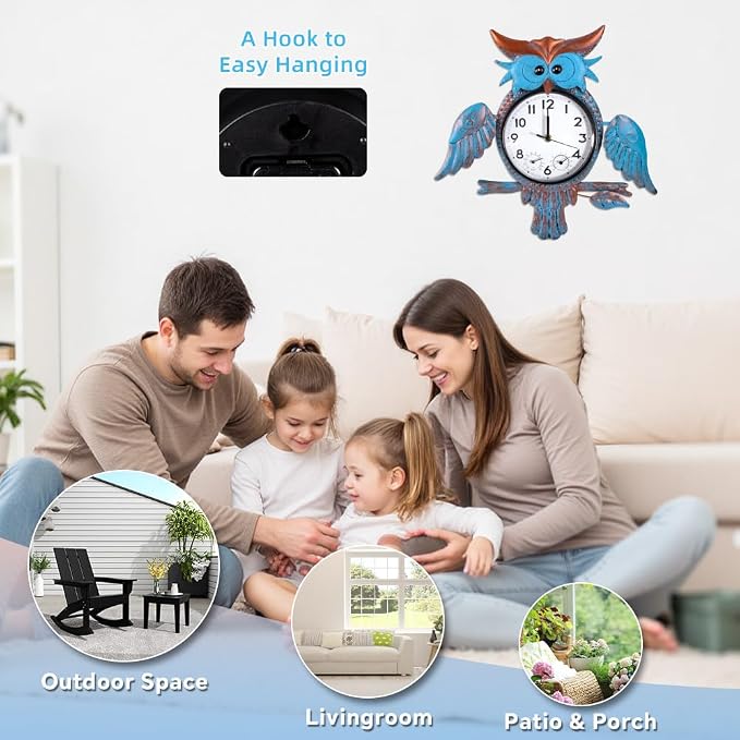 Outdoor Clock Silent Non-Ticking, Outdoor Wall Clocks with Thermometer & Humidity, Quartz Clocks Waterproof Decor for Patio Garden Living Room（Blue Owl）
