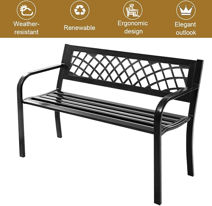 Giantex Outdoor Bench, Garden Bench with Iron Steel Frame, PVC Backrest, Mesh Pattern, Ergonomic Armrests, 500 lbs Metal Outside Bench for Patio Park Porch Lawn Yard Balcony Path Entryway Deck