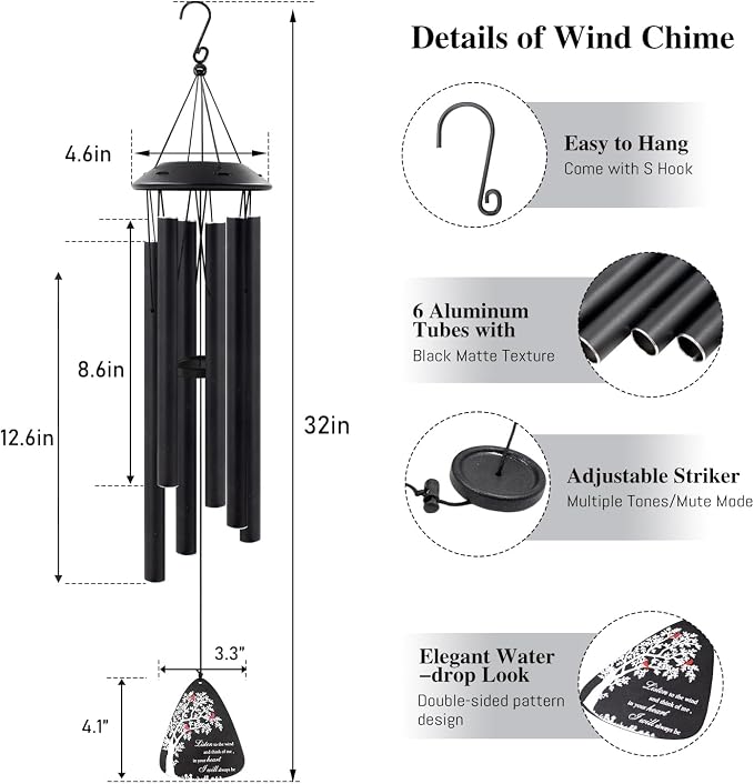Sympathy Wind Chimes for Loss of Loved One,32" Cardinal Memorial Wind Chimes for Outside, in Memory of Father Mother Husband Grandma, Bereavement Sympathy Funeral Gift for Patio Garden