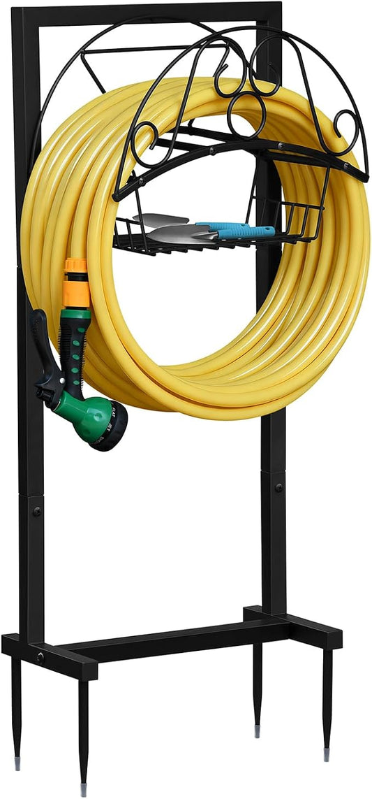 Skypatio Garden Hose Holder with Basket, Metal Water Hose Holder Holds 150ft Hose, Freestanding Hose Storage Stand with 4 Stakes, Rust-Resistant Heavy Duty Hose Hanger for Outside