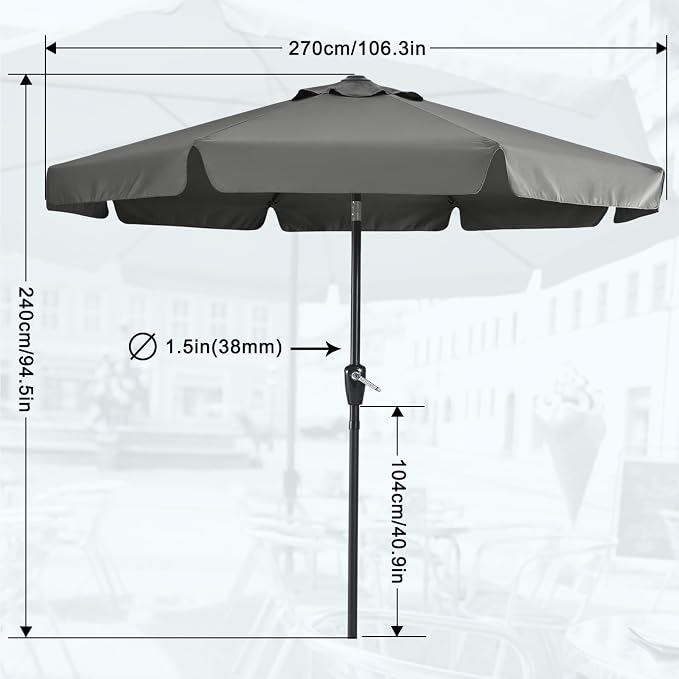 MASTERCANOPY 9ft Patio Umbrella with Valance, Crank and Tilt – 8 Ribs Outdoor Market Umbrella, UV/Fade Resistant, Waterproof Canopy with Wind Vent for Garden, Deck, Backyard, Pool (Dark Gray)