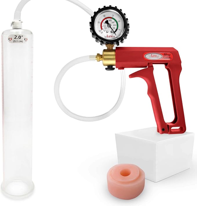 LeLuv Penis Pump Maxi Red Handle + Protected Gauge - Bundle with Clear Hose, Silicone Donut Seal - 12 inch Length x 2 inch Diameter Cylinder