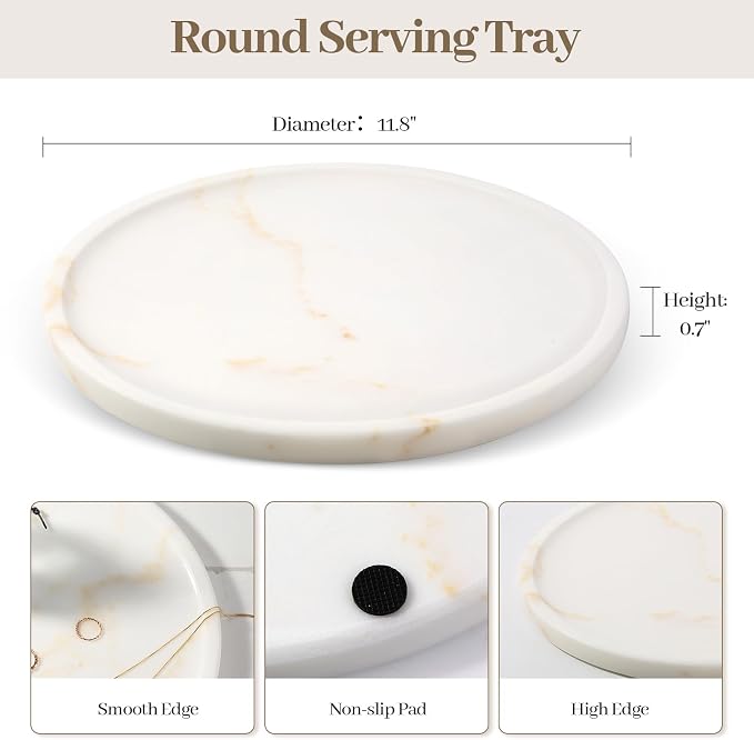 Karibiber Marble Serving Tray, 11.8in Round Vanity Tray for Bathroom Countertop, Calacatta White Candle Holder for Coffee Table/Kitchen, Stone Home Decorative Catchall Tray for Perfume