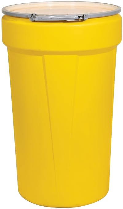 Eagle 55 Gallon Plastic Drum with Lid, Metal Lever-Lock, 39.1"x23.8", Open Head Lab Pack Drum Made of Durable, Lightweight HDPE, Withstands Weather and Chemicals, Made in USA, Yellow, 1655M