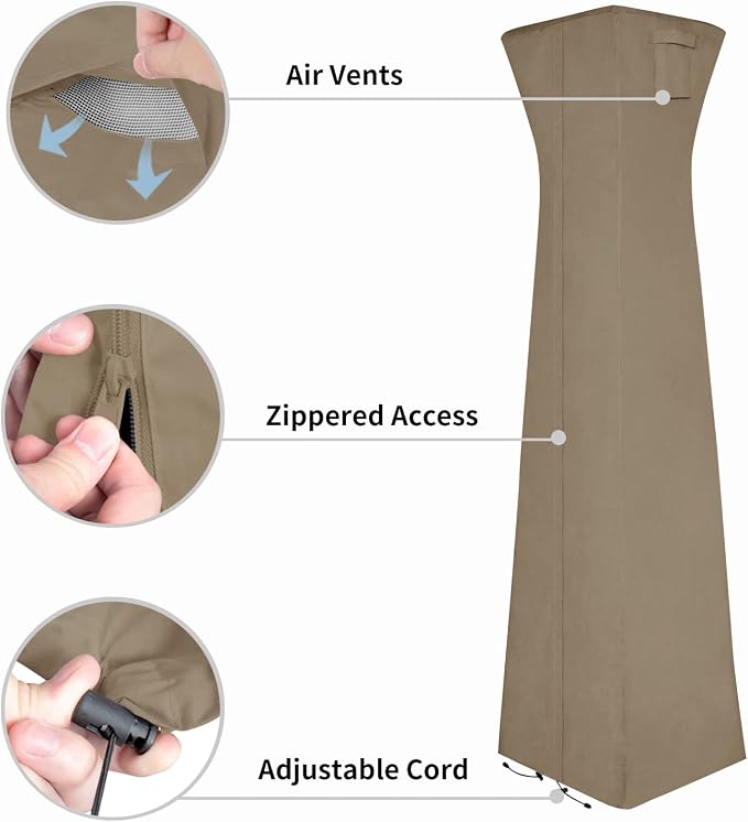 Easy-Going Pyramid Torch Patio Heater Cover with Zipper and Storage Bag, Waterproof Outdoor Heater Cover Dustproof, UV-Resisant, Wind-Resistant (90"H x 23"L x 23"W, Camel)
