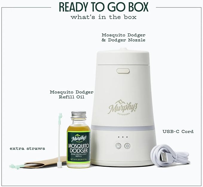 Murphy's Naturals Mosquito Dodger Bug Repellent Diffuser + Refill Oil | Plant-based essential oils; flame-free, USB-C rechargeable, 30-hr protection in a 15-ft zone, refill included