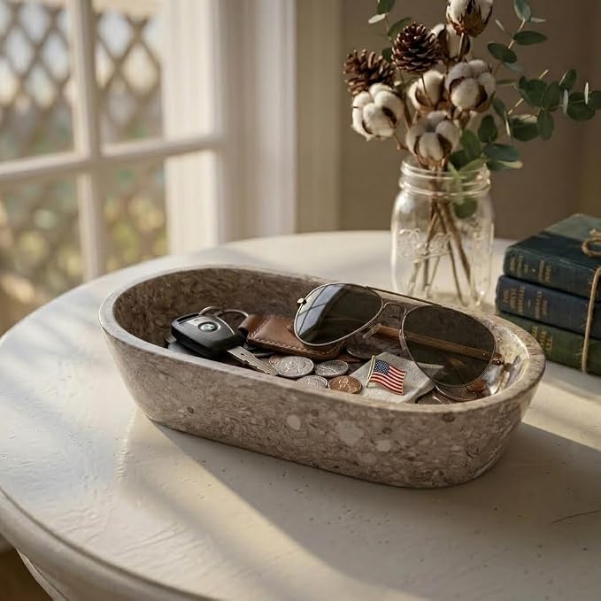 Radicaln Marble Dough Bowl 10" Inches Oceanic Handmade Oval Bowl and Candy Bowl for Dining Table Decor, Ideal Marble Bowl for Keys Entryway Table