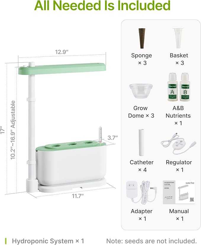 SUNCOZE Hydroponics Growing System Kit with 3 Pods for Beginners | Full Spectrum Dimmable LED Grow Light, Adjustable Height Indoor Herb Garden, Compact Hydroponic System, Gardening Gifts