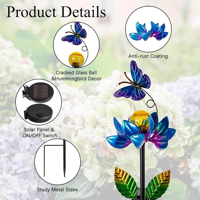 Solar Wind Spinners Outdoor, Butterfly Solar Wind Spinner with Cracked Ball Lights,Garden Spinners for Yard, Garden, Patio, Lawn Decor