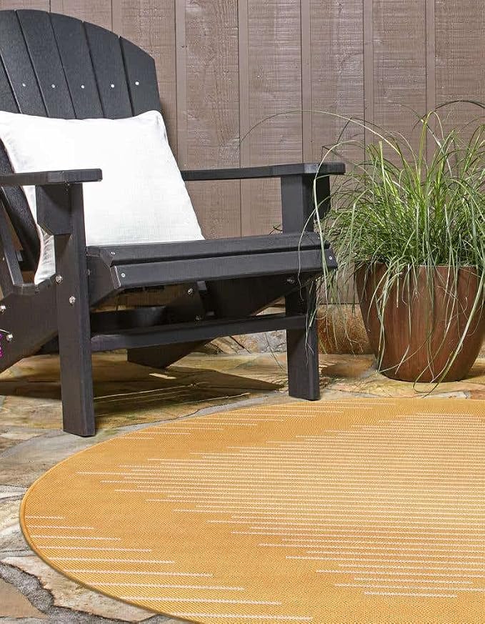 Unique Loom Outdoor Modern Collection Area Rug - Tambor (4' 1" Round, Yellow/ Ivory)
