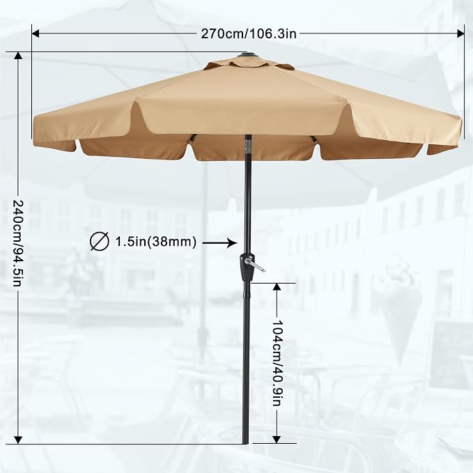 MASTERCANOPY 9ft Patio Umbrella with Valance, Crank and Tilt – 8 Ribs Outdoor Market Umbrella, UV/Fade Resistant, Waterproof Canopy with Wind Vent for Garden, Deck, Backyard, Pool (Khaki)